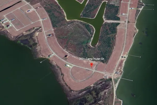 an aerial view of a swimming pool