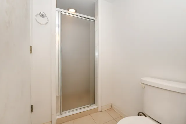 a bathroom with a shower and a toilet