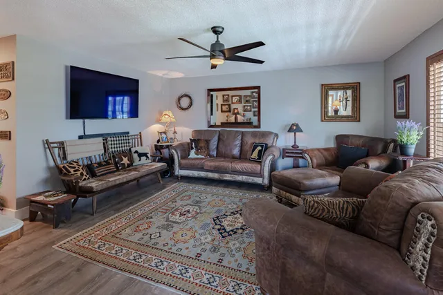 a living room with furniture ceiling fan and a rug