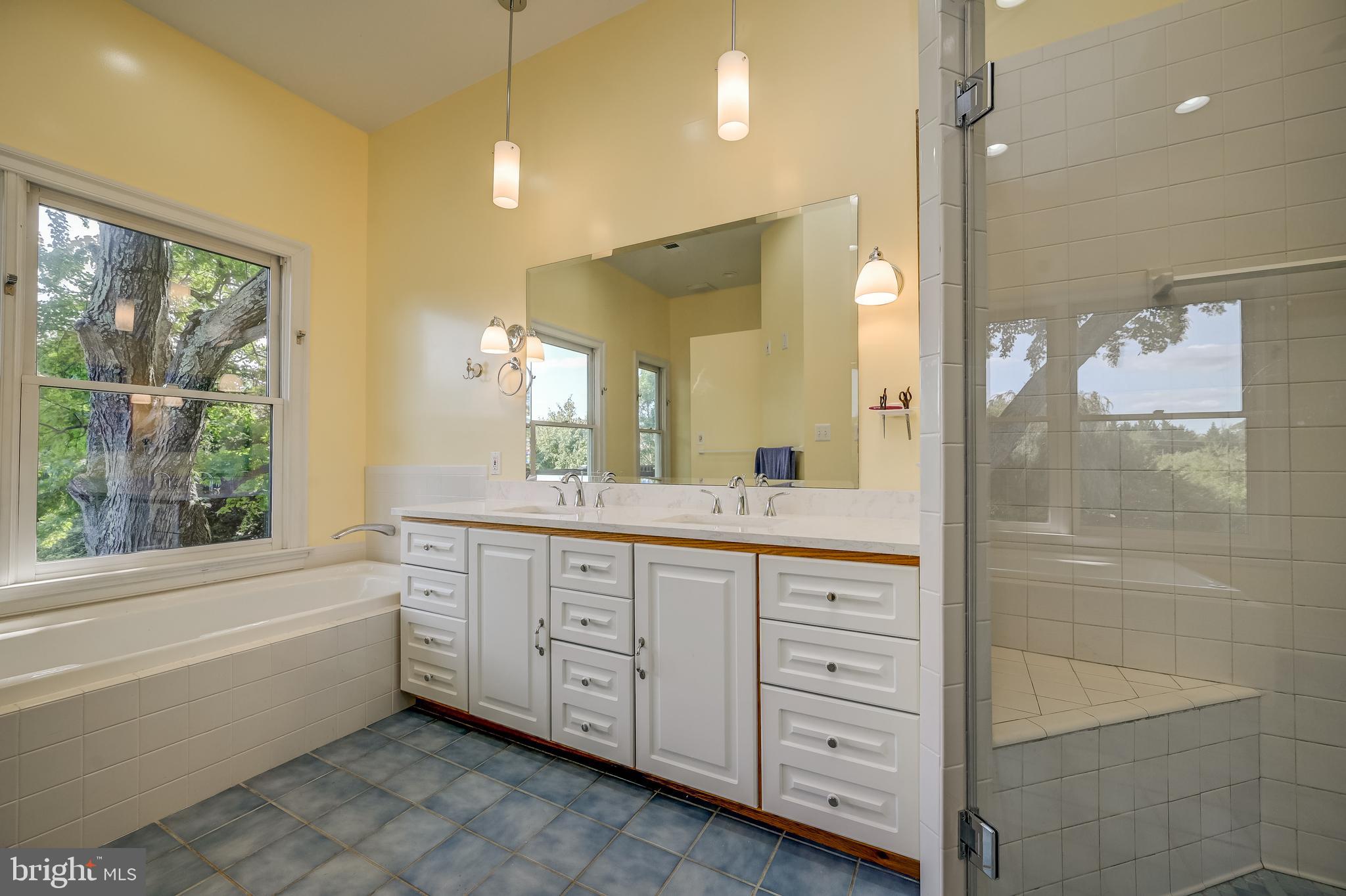5 Lee Street Gaithersburg, MD 20877 - Photo 47 of 90 a bathroom with a granite countertop sink a large mirror a shower and a bathtub