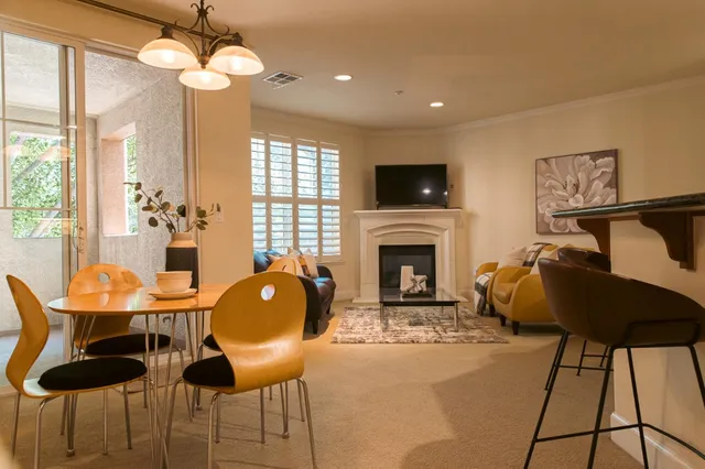 a living room with furniture a flat screen tv and a fireplace