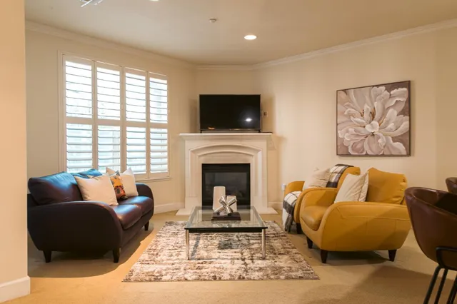 a living room with furniture and a fireplace