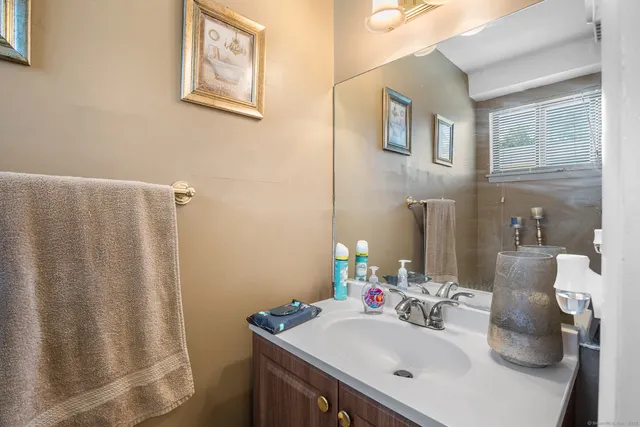 a bathroom with a sink vanity and a mirror