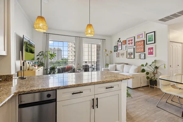 a dining hall with granite countertop a sink dishwasher a dining table and chairs with wooden floor