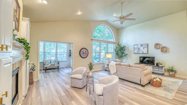 a living room with furniture and a potted plant