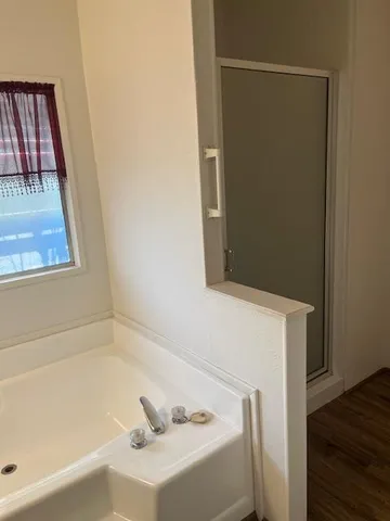 a bathroom with a bathtub