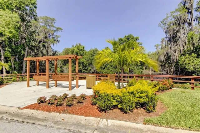 a view of swimming pool with lawn chairs and plants