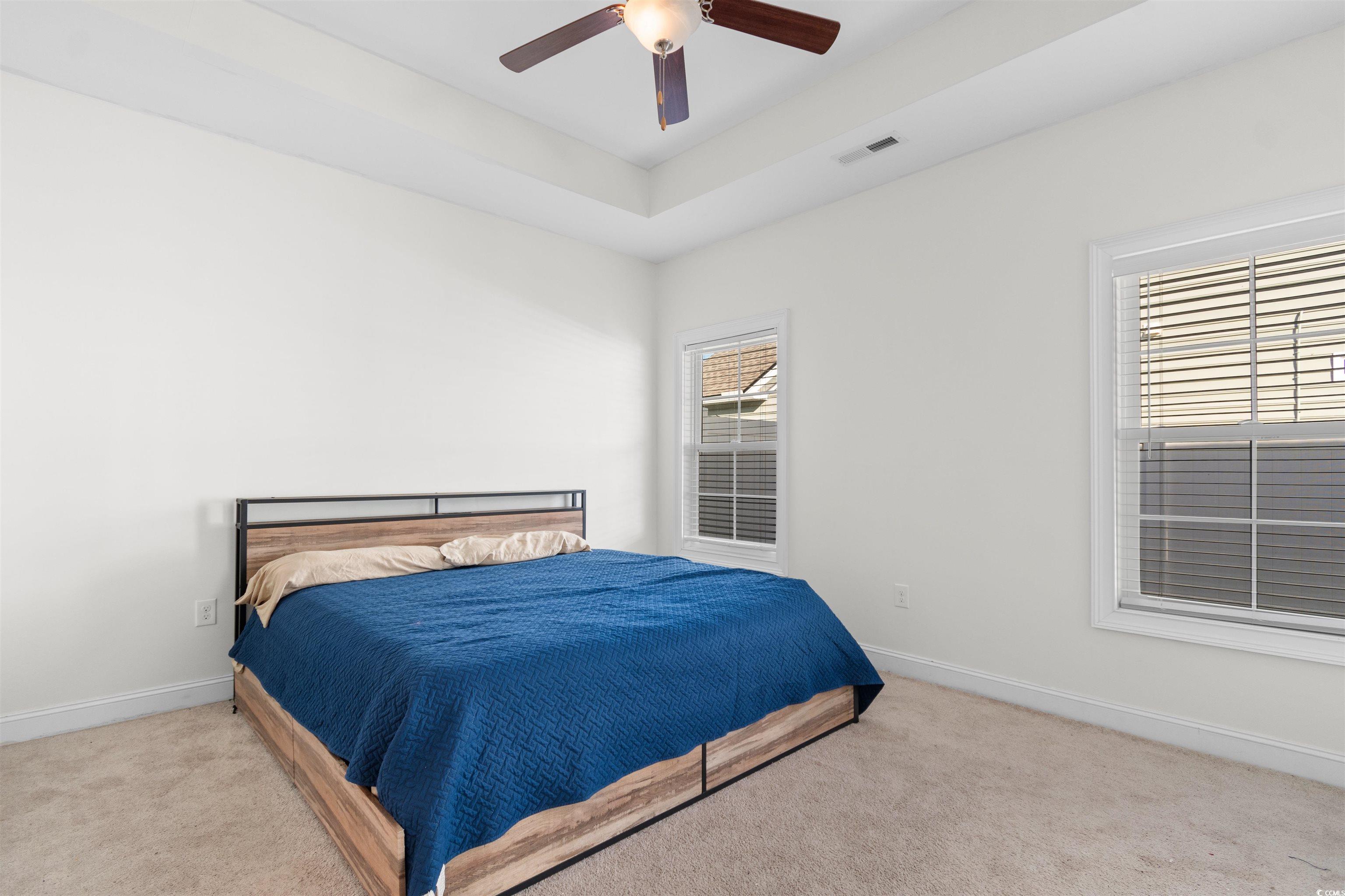 253 Maple Oak Drive Conway, SC 29526 - Photo 14 of 33 Bedroom with light carpet, a ceiling fan, and a tray ceiling