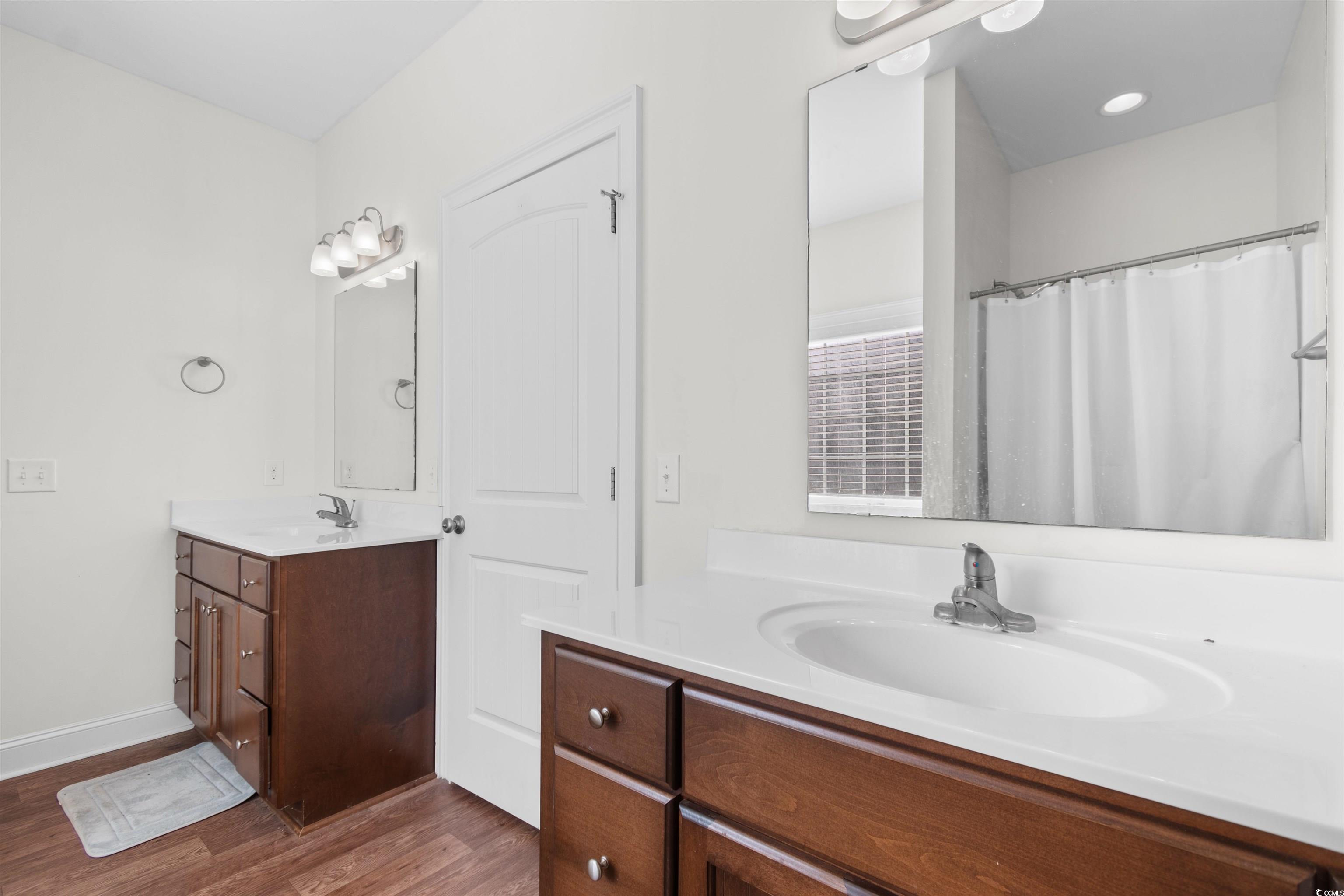 253 Maple Oak Drive Conway, SC 29526 - Photo 16 of 33 Bathroom featuring two vanities, dark wood-type flooring, and curtained shower