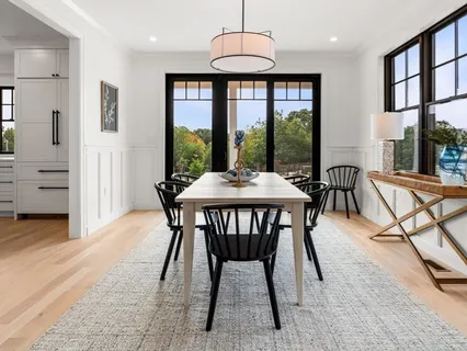 a view of a dining room with furniture window and wooden floor