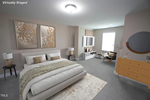 a living room with furniture and a dresser