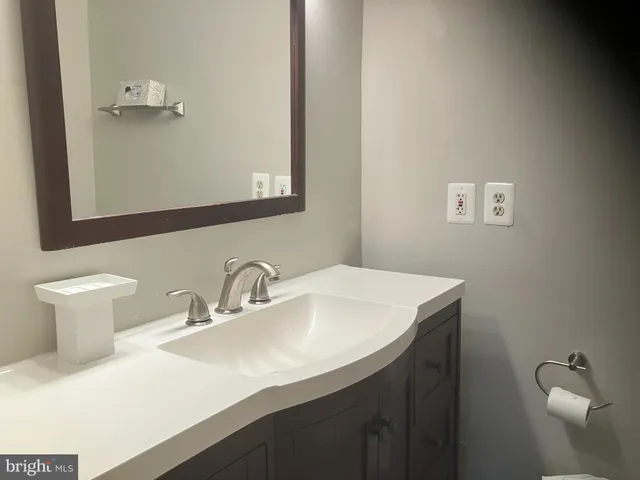 a bathroom with a sink vanity and a toilet