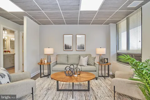 a living room with furniture a lamp a rug and a large window