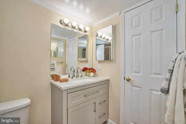 a bathroom with a sink vanity mirror and toilet