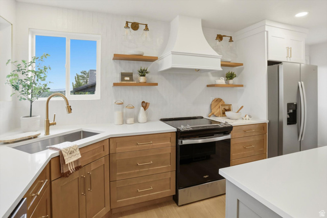 8760 Rustler Road Cottonwood Heights, UT 84093 - Photo 15 of 57 Modern kitchen featuring wood-finish lower cabinetry, white upper cabinetry, stainless steel appliances, a built-in range hood, and white countertops