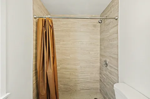 a bathroom with a shower and a toilet