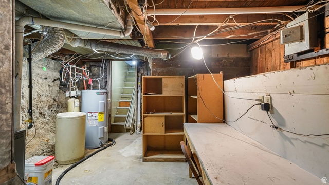 44 Shriver Street Eureka, UT 84628 - Photo 22 of 43 Basement utility area featuring a water heater, water softener, exposed stone foundation, wood-beam ceiling, and concrete flooring