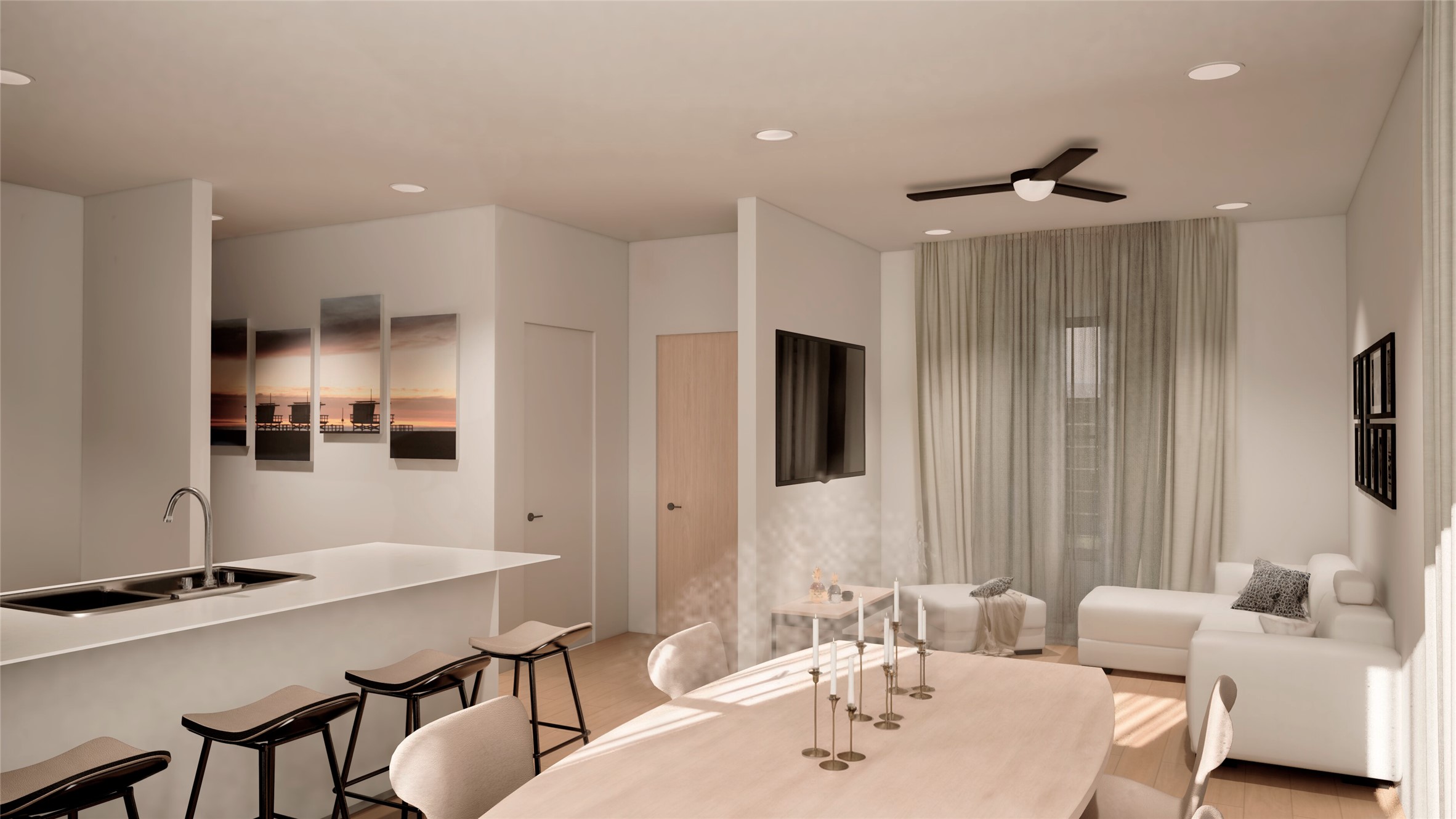 Dining space featuring recessed lighting, light wood-style floors, and a ceiling fan