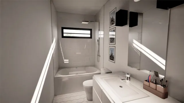 a bathroom with a sink toilet and shower