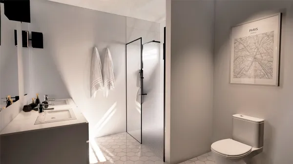a bathroom with a sink toilet and shower
