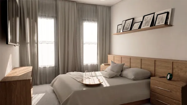 a bedroom with a bed and a window