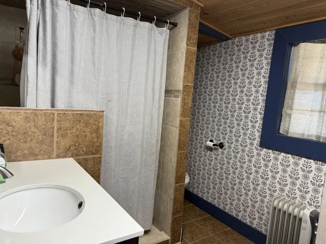a bathroom with a sink and a shower curtain