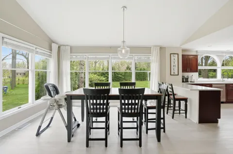 a view of a dining room with furniture window and outside view