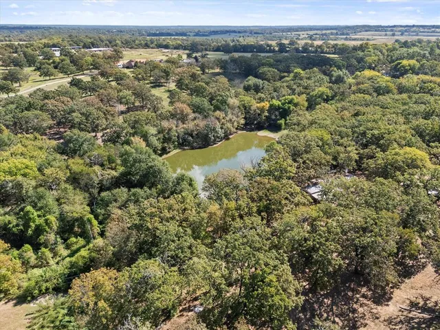 an aerial view of residential houses with outdoor space and trees