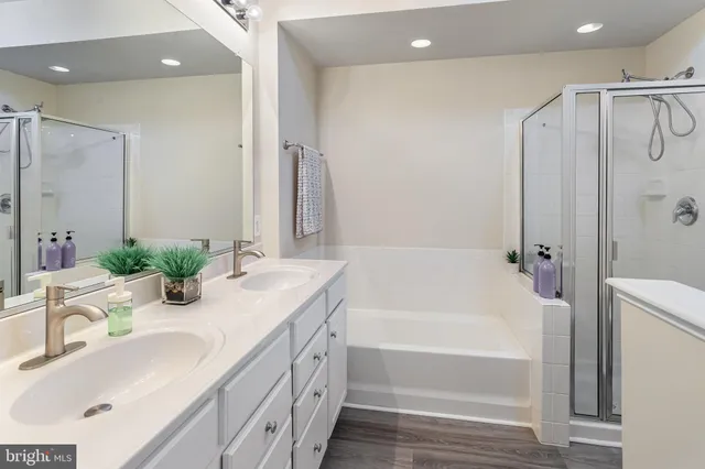 a bathroom with a tub sink shower and a mirror