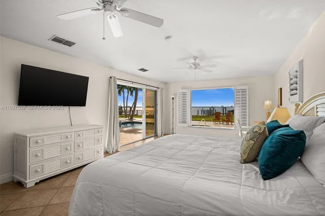 a spacious bedroom with a bed and glass door