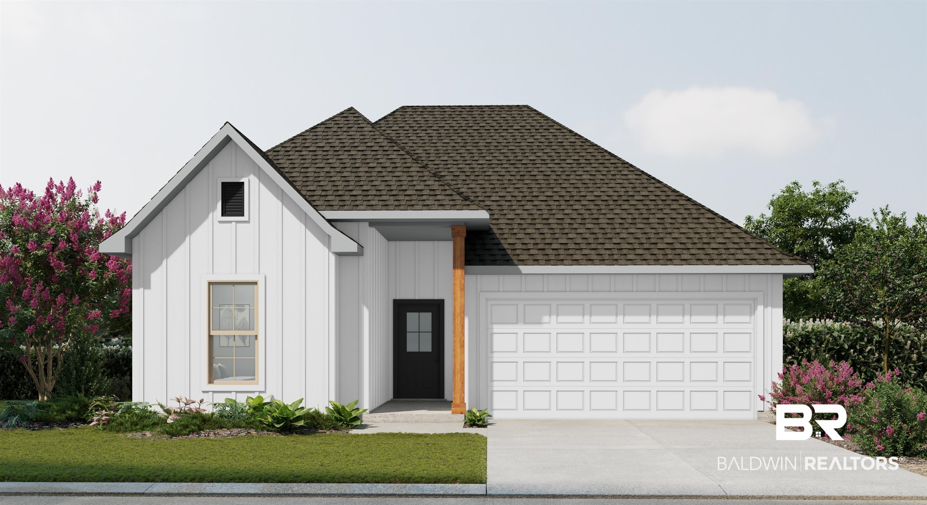 11202 Seaglass Circle Foley, AL 36535 - Photo 1 of 2 White board-and-batten and horizontal siding exterior featuring a dark asphalt shingle roof