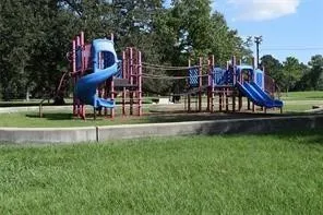 a view of a park with large trees