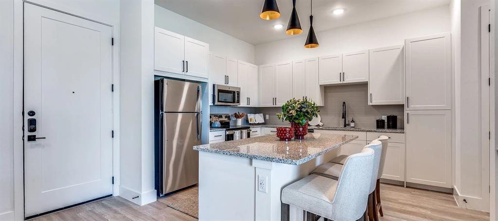 650 East Sycamore Street, Unit 1149 Denton, TX 76205 - Photo 11 of 19 a kitchen with kitchen island a counter top space cabinets and stainless steel appliances