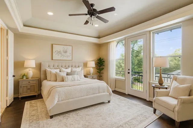a bedroom with a large bed couch and a large window