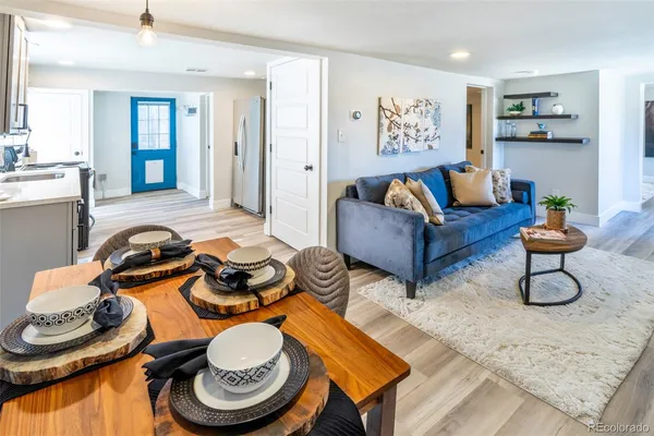 a living room with furniture and a wooden floor