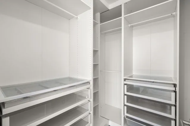 a view of walk in closet with empty racks