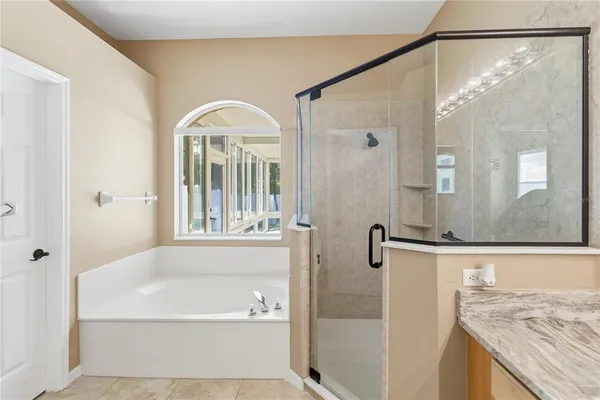 a bathroom with a granite countertop shower a sink and a mirror