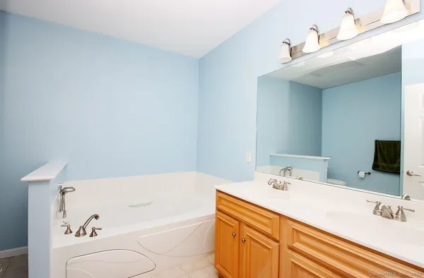 a bathroom with a sink a mirror and a bathtub