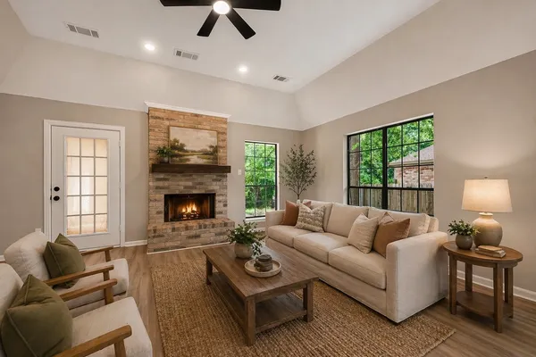 a living room with furniture and a fireplace