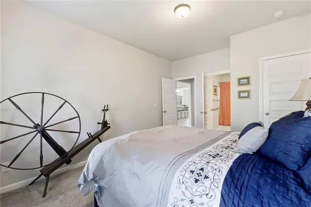 a bedroom with a bed and a closet