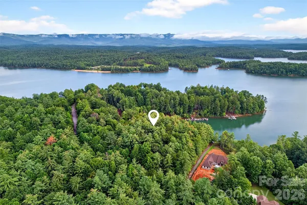 an aerial view of a house with a yard and lake view