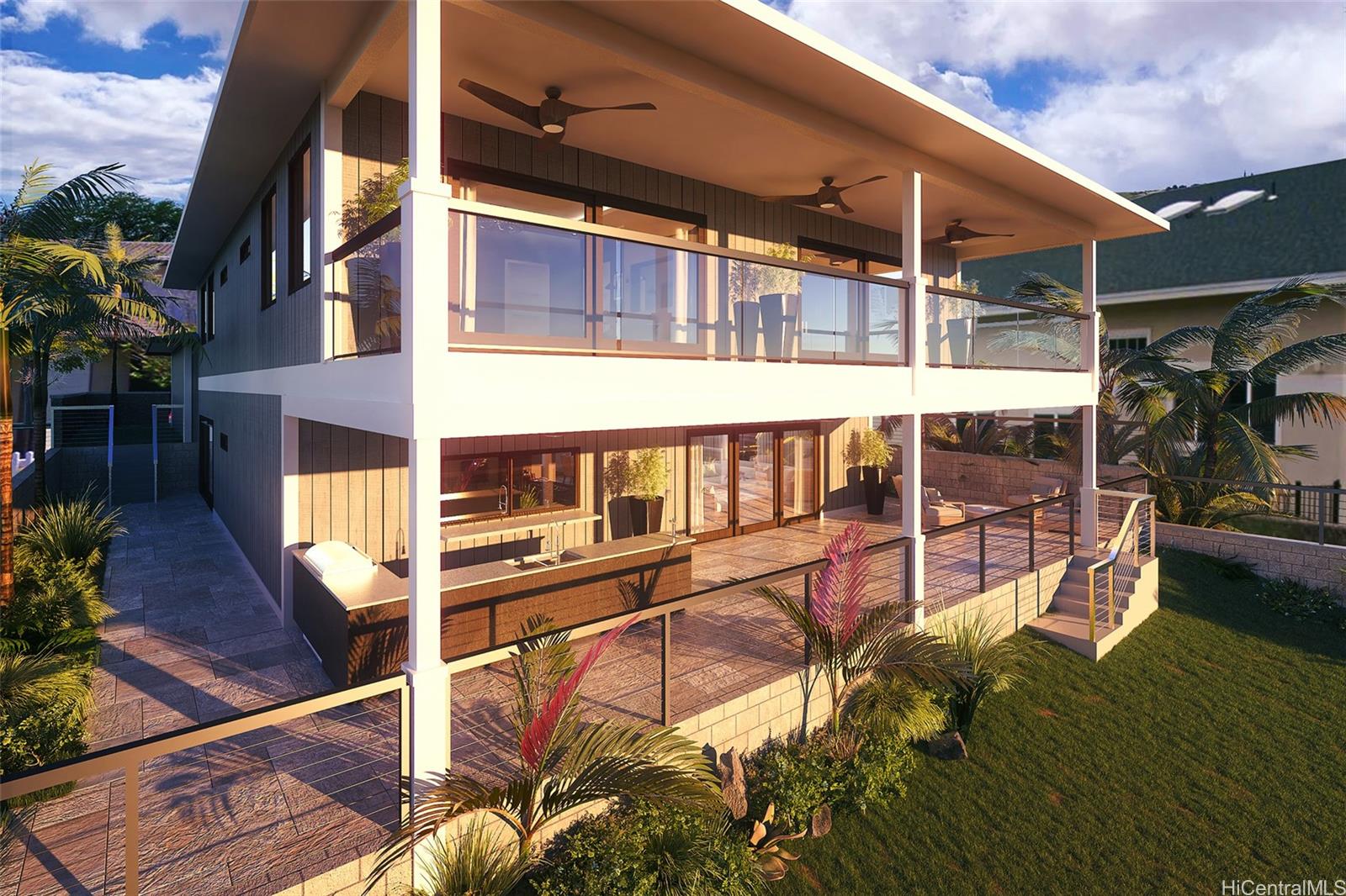 a view of a balcony with wooden floor and iron fence