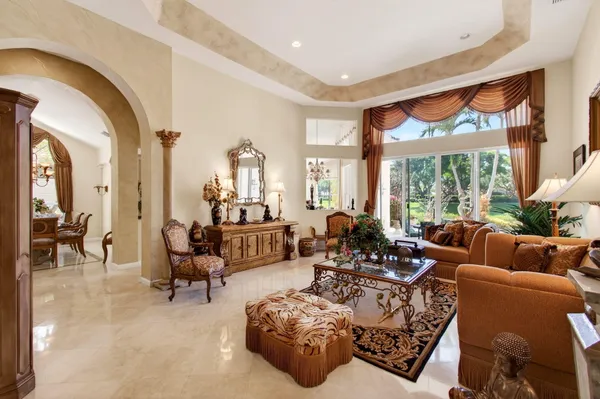 a view of a dining room with furniture