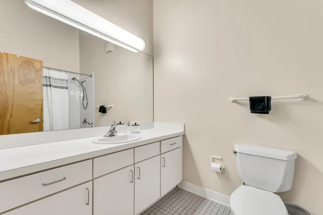 a bathroom with a toilet sink and mirror