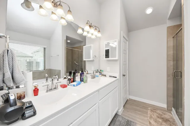 a bathroom with a sink a large mirror and a shower