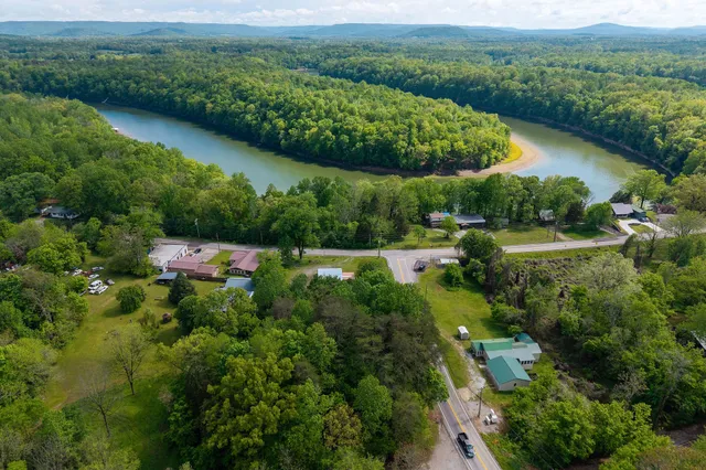 an aerial view of a yard with plants and a lake view