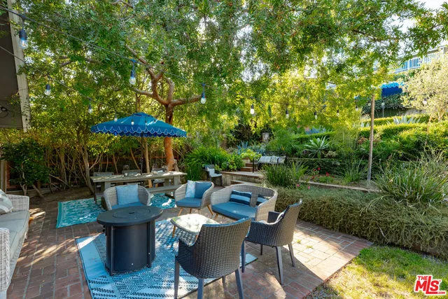 a patio with sofas fire pit and outdoor seating