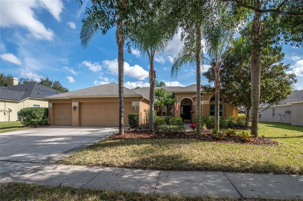 Beautiful lush landscaping with palm trees, and a new roof!