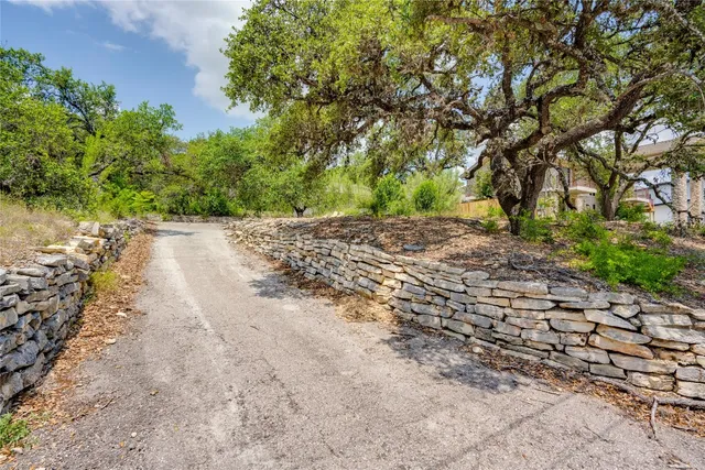 a view of a dirt road with trees in the background