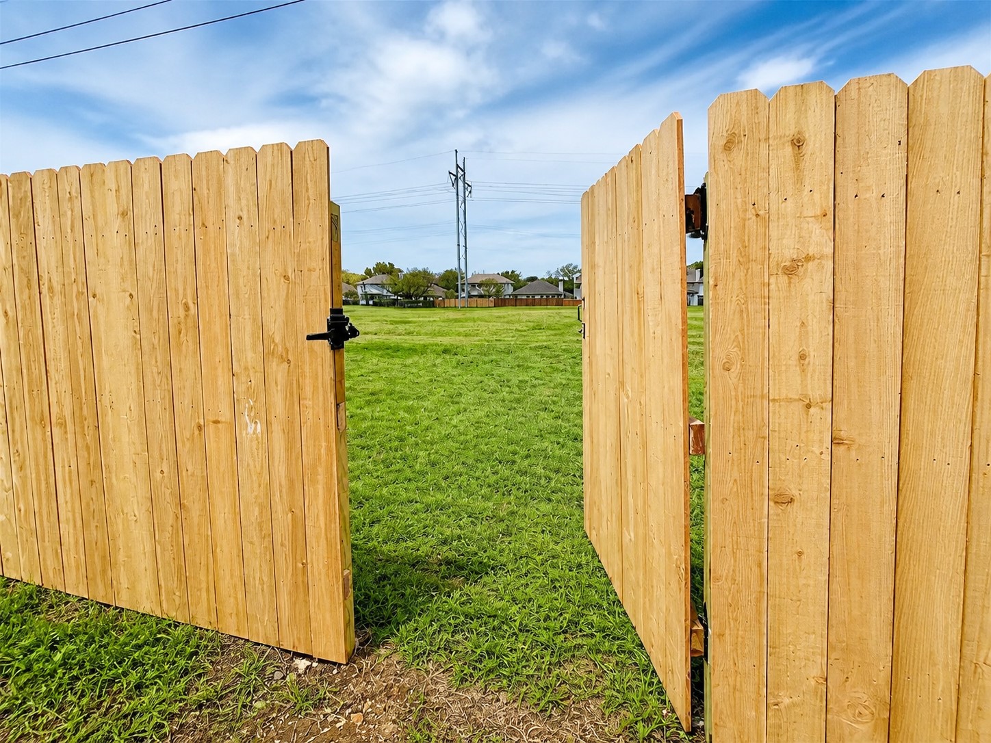 14828 Single Trace Austin, TX 78728 - Photo 30 of 30 Wooden privacy fence with a black metal latch, opening to a grass area
